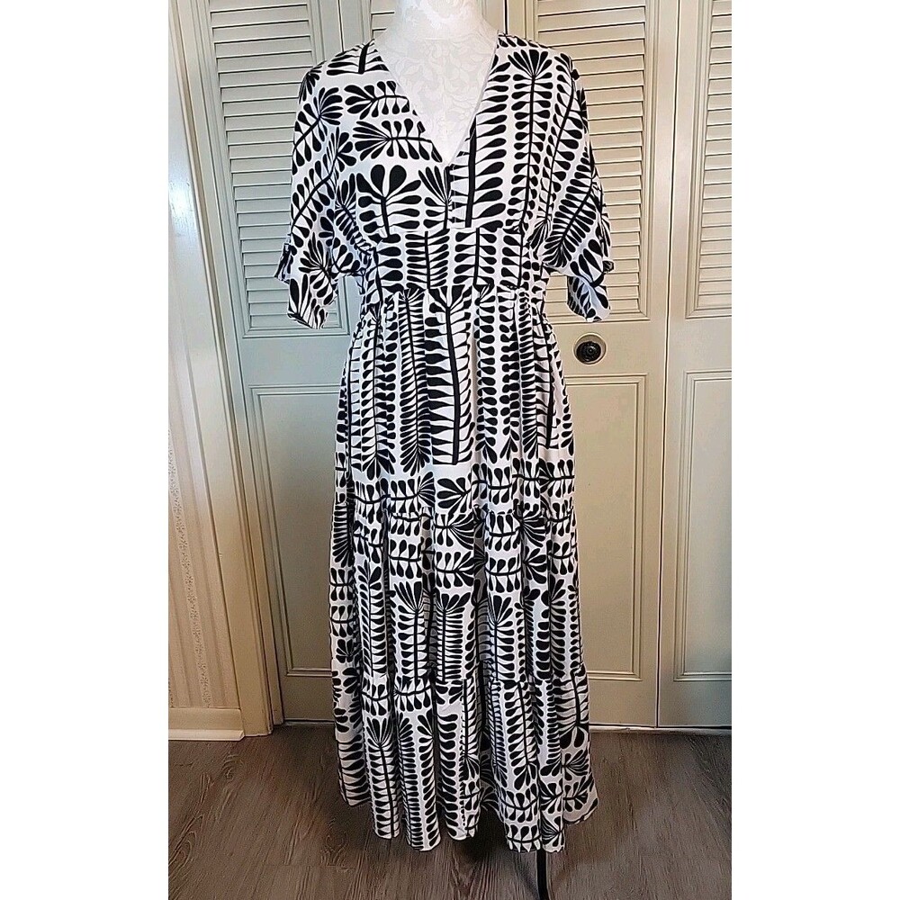 BaeVely Sz Large White/Black V-Neck Tiered Midi Dress~Fully Lined~Fairy~Flowy